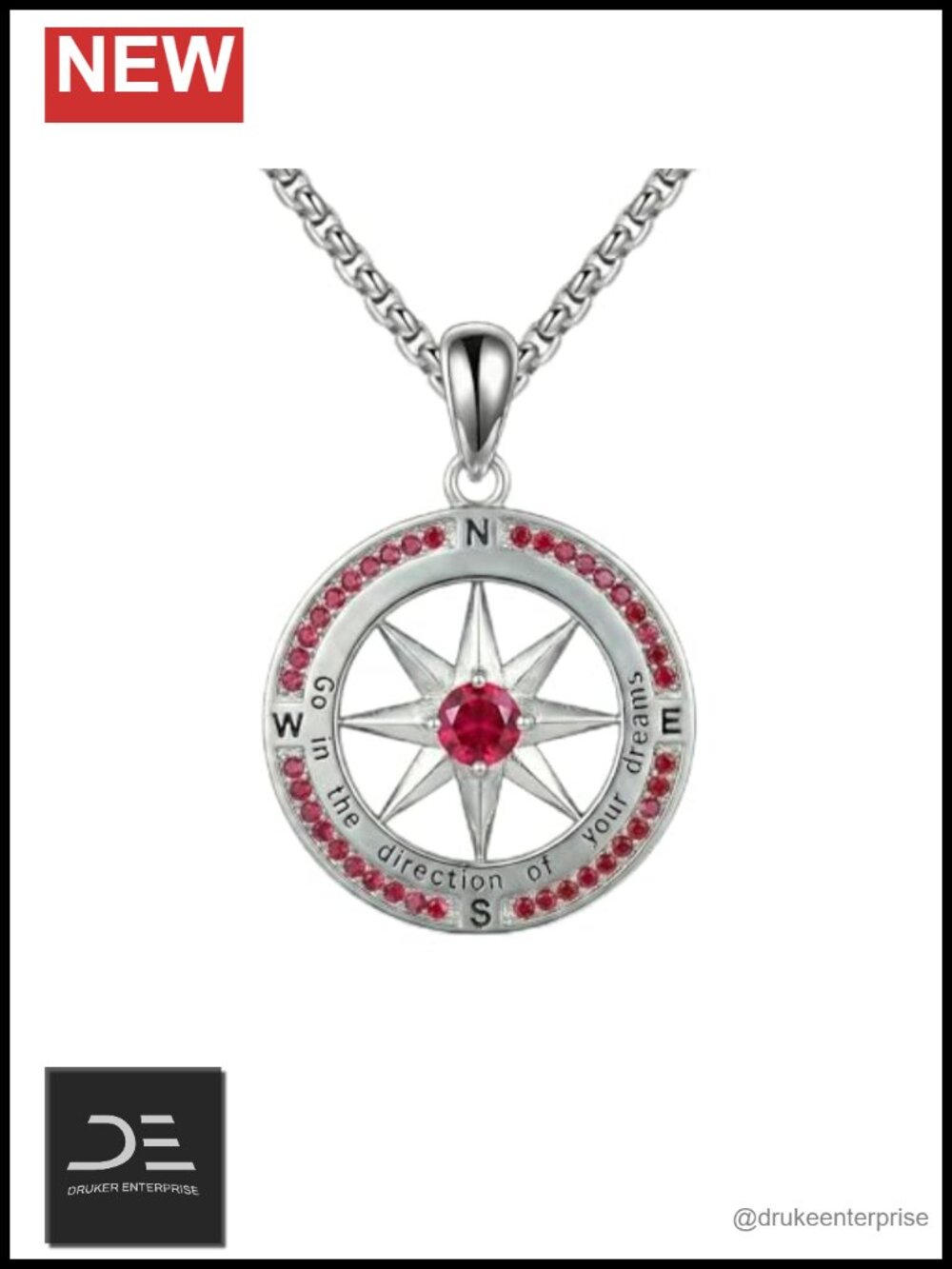 18k White Gold Plated Compass Birthstone Pendant Necklace, Ruby July Gift,